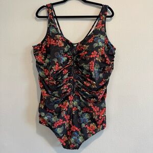 Delimira Zipper Front Ruched One Piece Swimsuit Floral Swimsuit 24 NWT